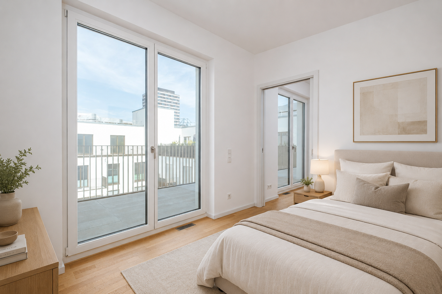Penthouse visualisiertes Schlafzimmer mit Terrassenzugang
