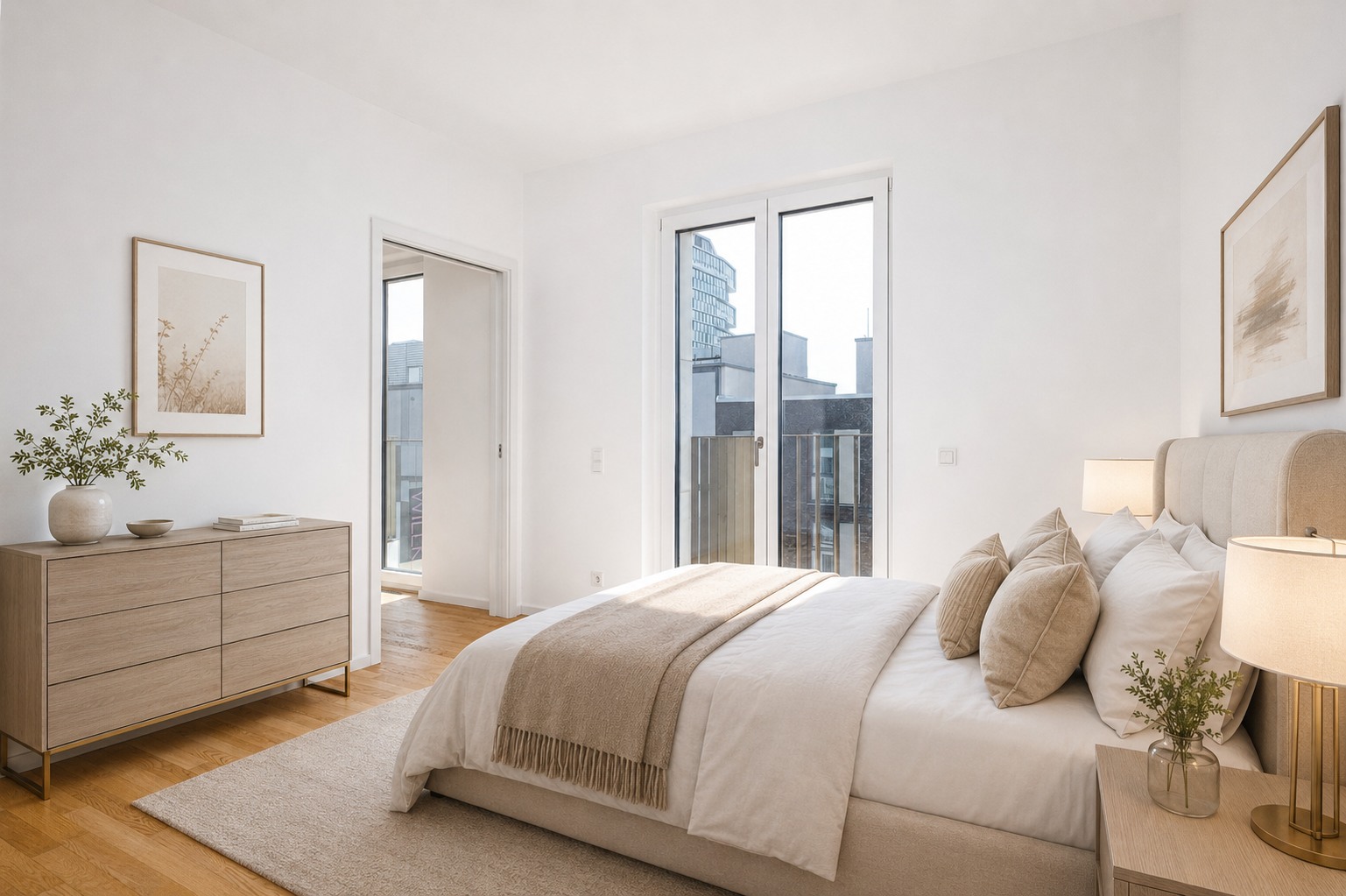 Penthouse visualisiertes Schlafzimmer mit Balkonzugang